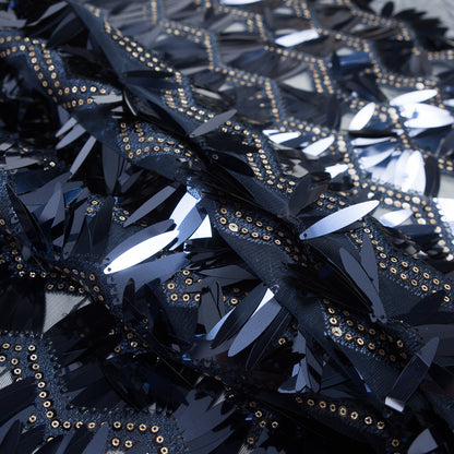 Fringe Sequin Fabric - Navy Chevrons Detail