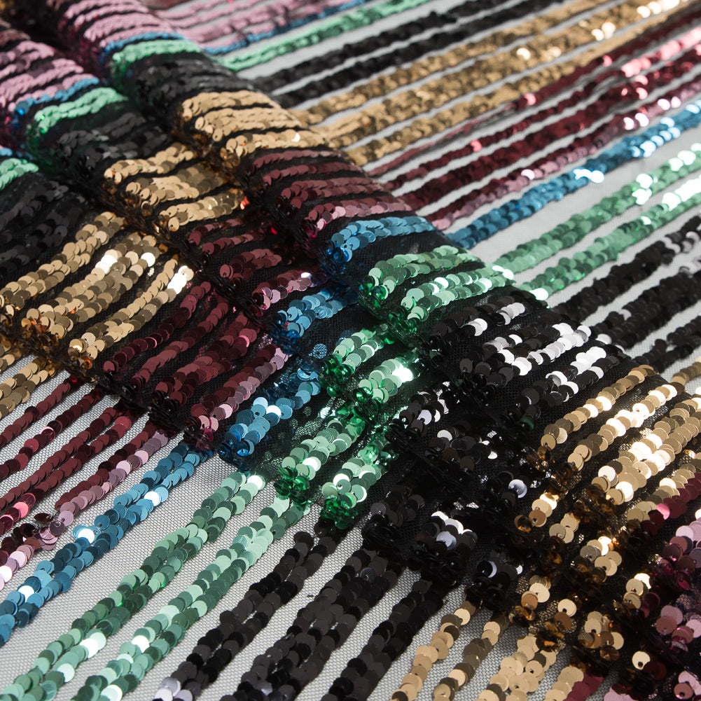Tulle with Seqquins - Shiny Rainbow Stripes on Black Detail