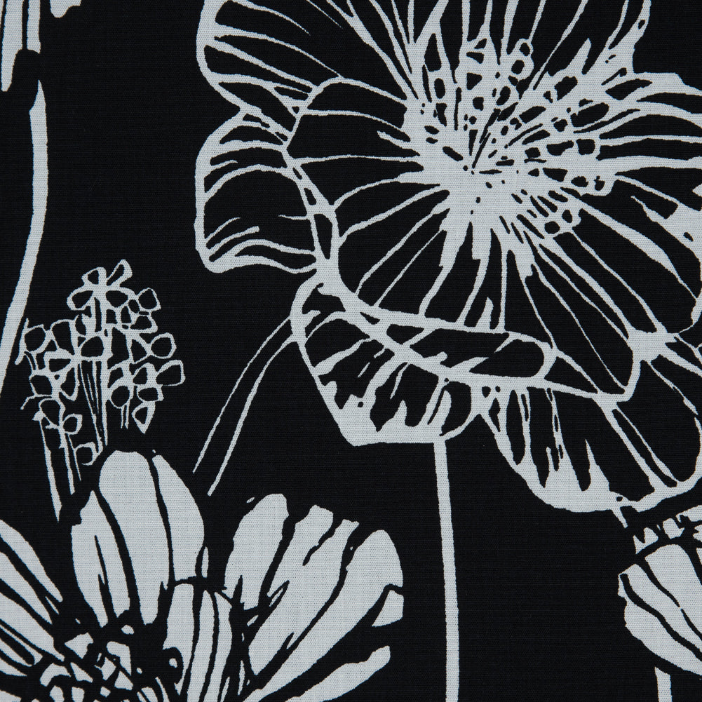 Black and White Large Floral Stretch Cotton Poplin Full