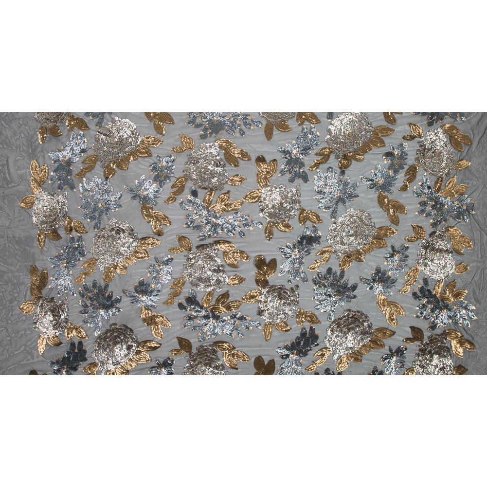 Mesh with Sequin Flowers - Gold and Gray on Black Folded