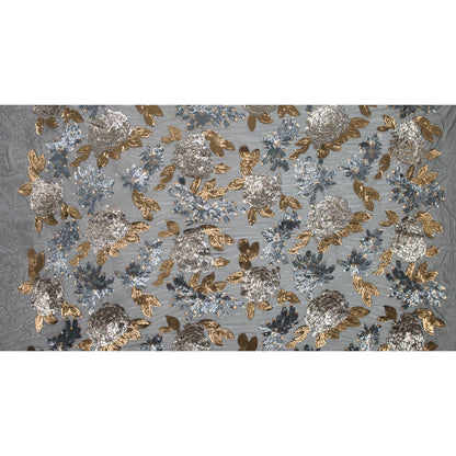 Mesh with Sequin Flowers - Gold and Gray on Black Folded