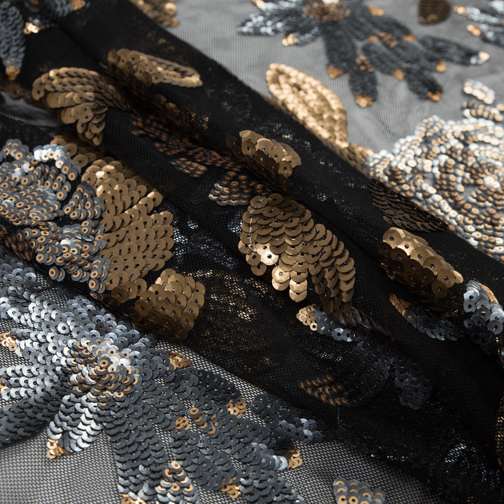 Mesh with Sequin Flowers - Gold and Gray on Black Detail