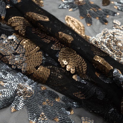 Mesh with Sequin Flowers - Gold and Gray on Black Detail