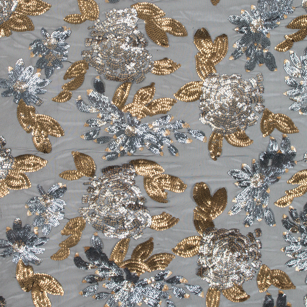 Mesh with Sequin Flowers - Gold and Gray on Black