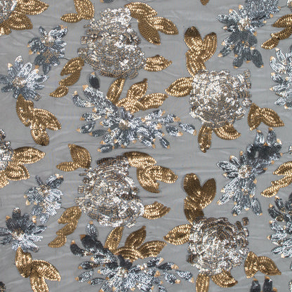Mesh with Sequin Flowers - Gold and Gray on Black