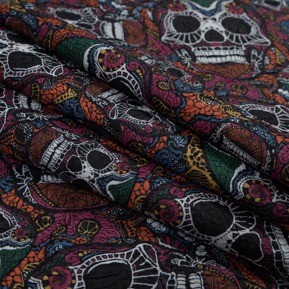 Multicolor Skull Printed Wrinkled Faux Plisse Folded