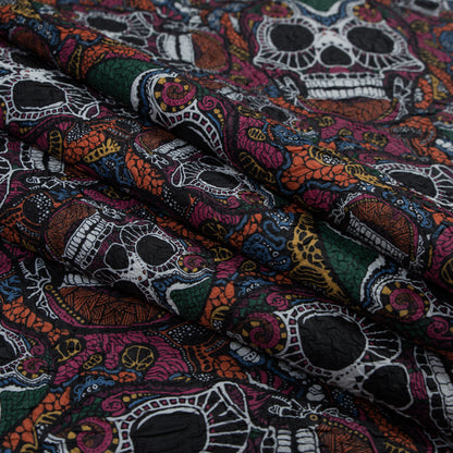 Multicolor Skull Printed Wrinkled Faux Plisse Folded