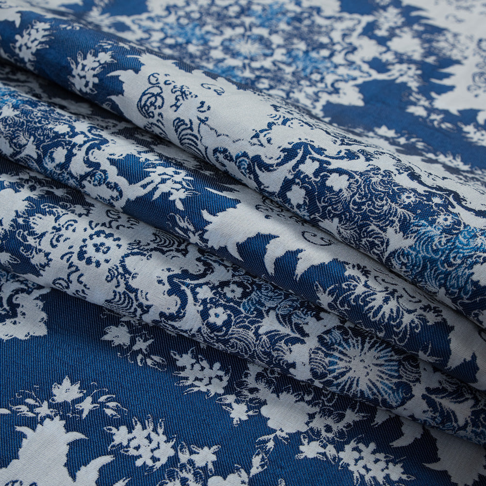 Blue and White Abstract Medallion Brocade Folded