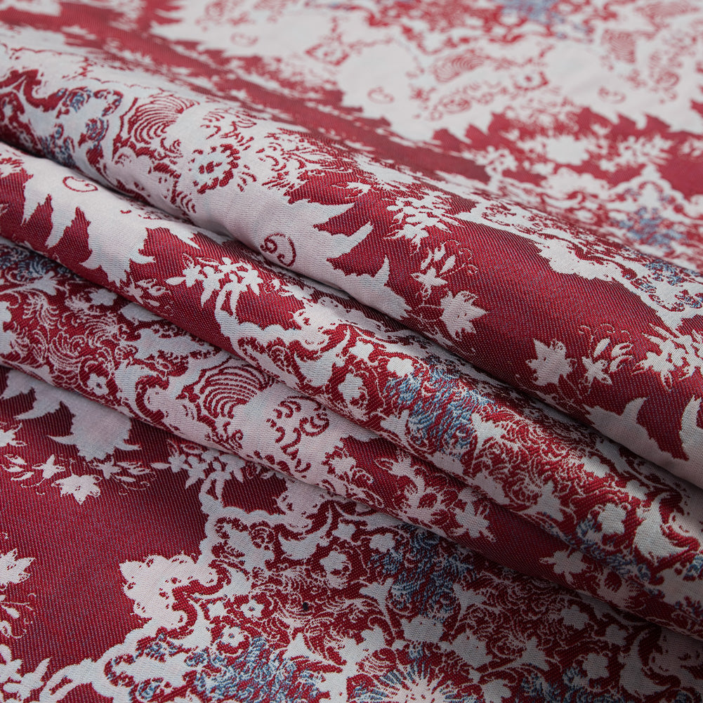 Red, Blue and White Abstract Medallion Brocade Folded