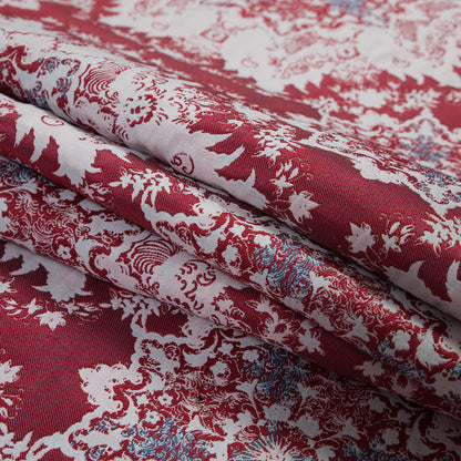 Red, Blue and White Abstract Medallion Brocade Folded