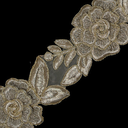 3D Metallic Gold Re-Embroidered Floral Organza Trim - 2.25" Detail