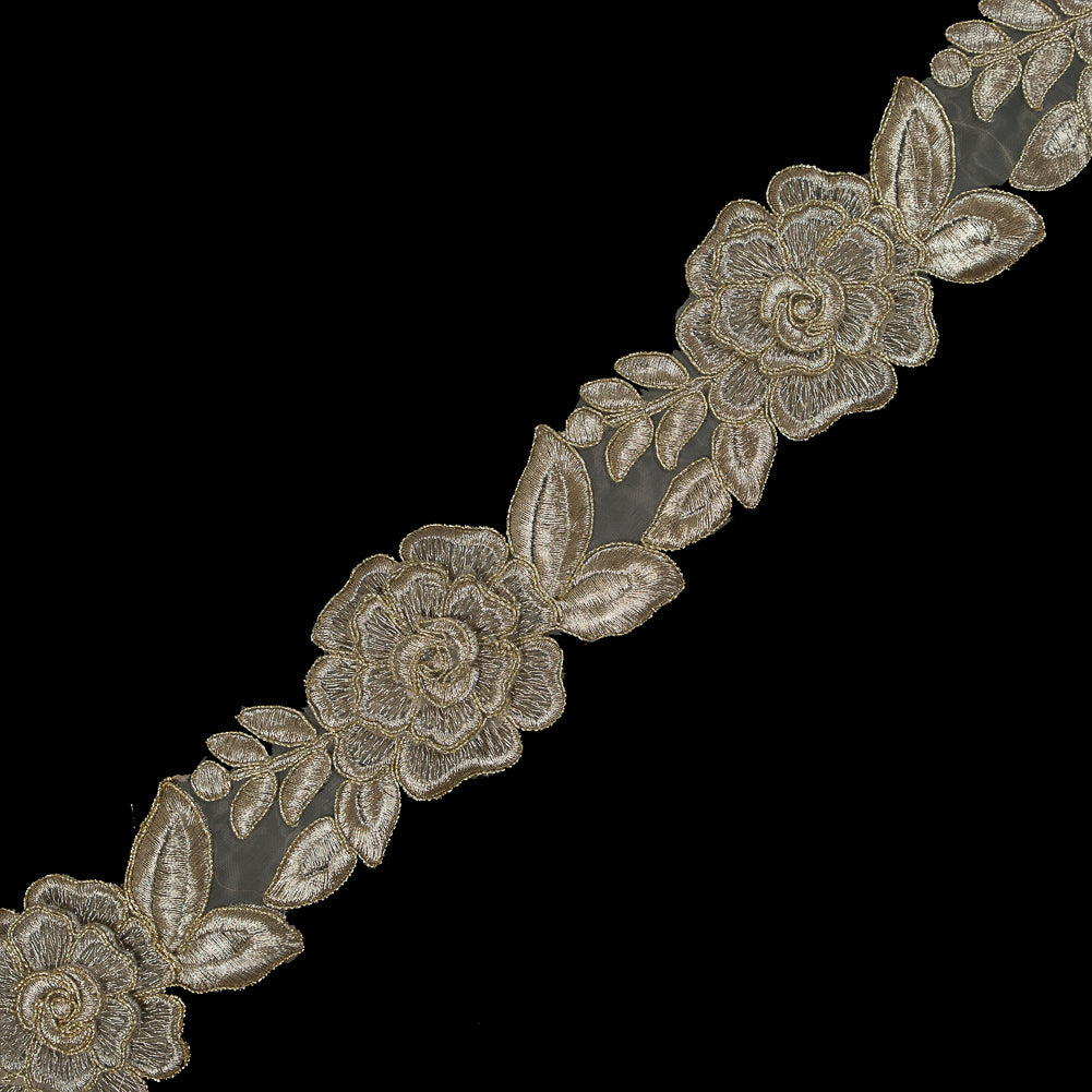 3D Metallic Gold Re-Embroidered Floral Organza Trim - 2.25"