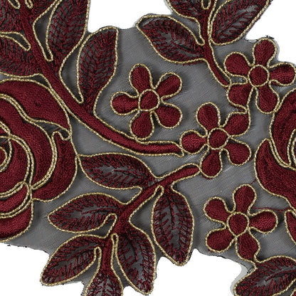 Metallic Gold and Maroon Re-Embroidered Floral Organza Trim - 6" Detail