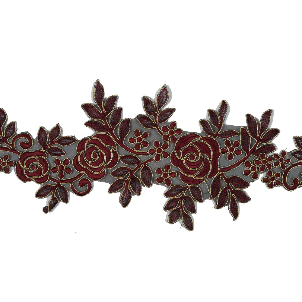 Metallic Gold and Maroon Re-Embroidered Floral Organza Trim - 6"