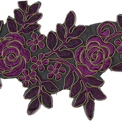 Metallic Gold and Magenta Re-Embroidered Floral Organza Trim - 6" Detail