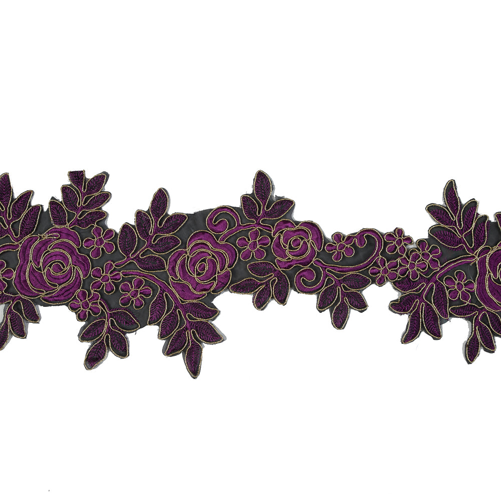 Metallic Gold and Magenta Re-Embroidered Floral Organza Trim - 6"