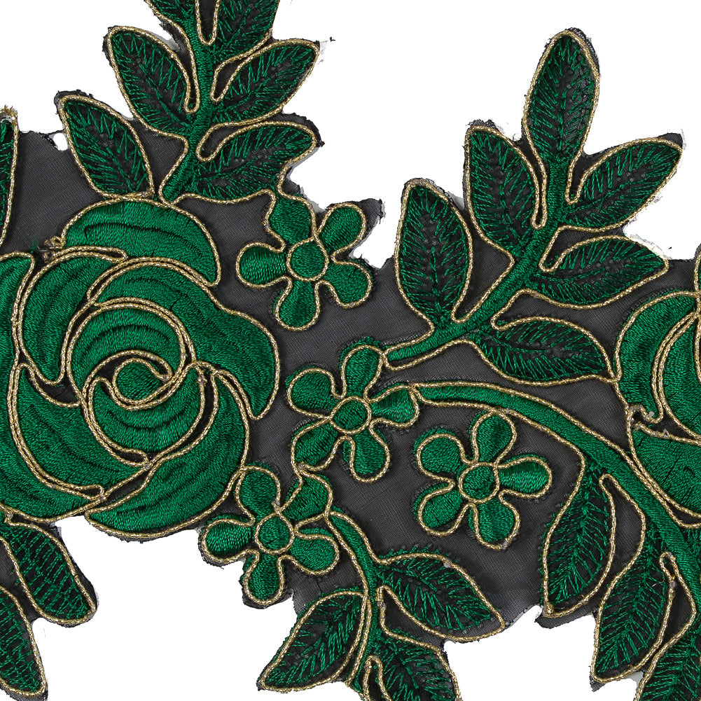 Metallic Gold and Emerald Re-Embroidered Floral Organza Trim - 6" Detail