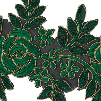 Metallic Gold and Emerald Re-Embroidered Floral Organza Trim - 6" Detail