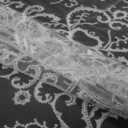 Embroidered Tulle with Sequins - Off White Fancy Swirls Folded