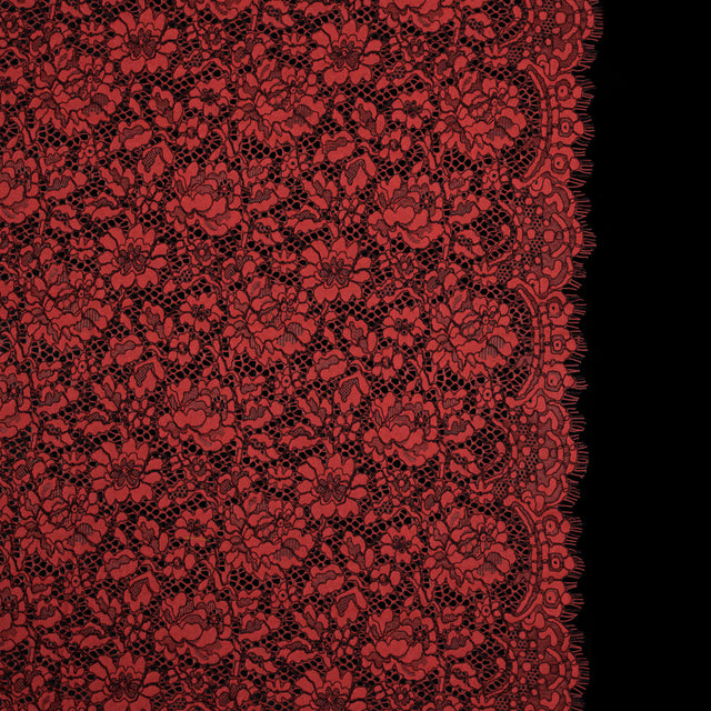 Red Coral and Black Floral Corded Lace with Eyelash Edges