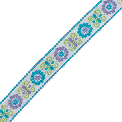 Green, Purple and Blue Floral German Jacquard Ribbon - 0.75" Detail