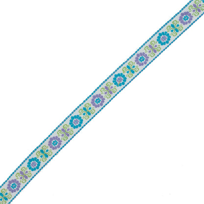 Green, Purple and Blue Floral German Jacquard Ribbon - 0.75"