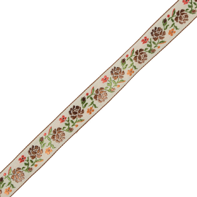 Brown, Orange and Green Floral Jacquard Ribbon - 0.875"