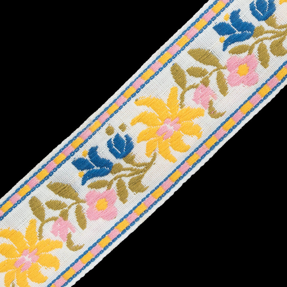 White, Yellow and Pink Floral Jacquard Ribbon - 1.625" Detail