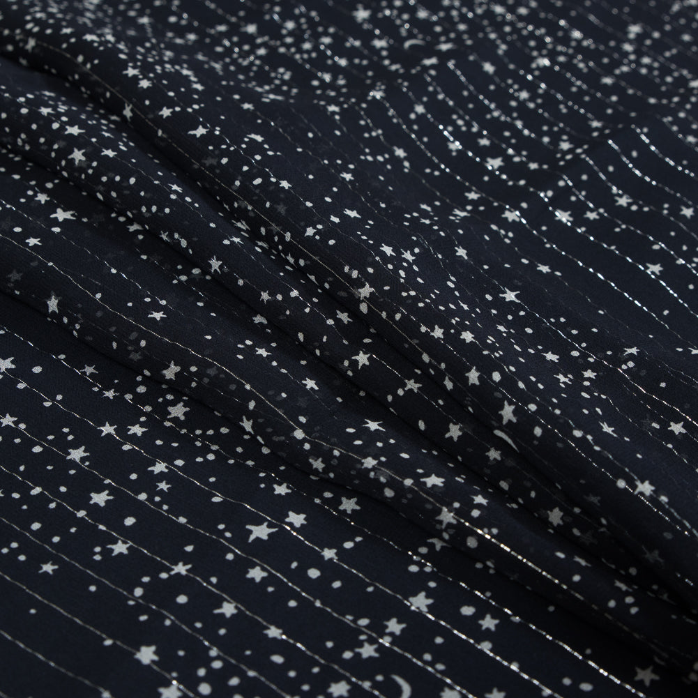 Black and White Star-Filled Silk Chiffon with Metallic Silver Stripes Detail