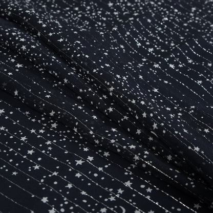 Black and White Star-Filled Silk Chiffon with Metallic Silver Stripes Detail