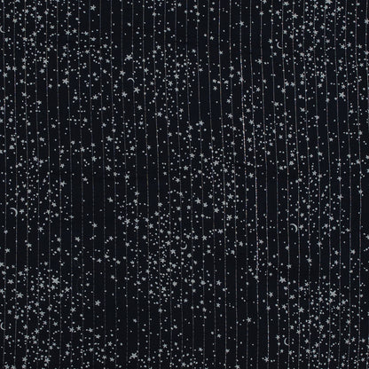Black and White Star-Filled Silk Chiffon with Metallic Silver Stripes