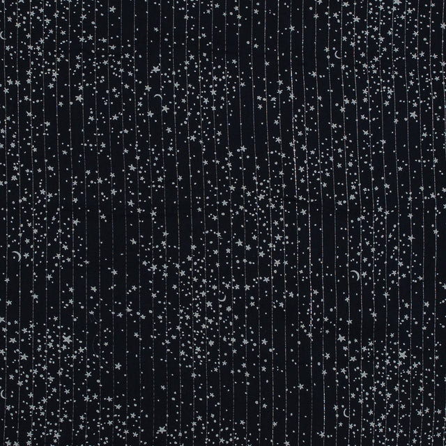 Black and White Star-Filled Silk Chiffon with Metallic Silver Stripes