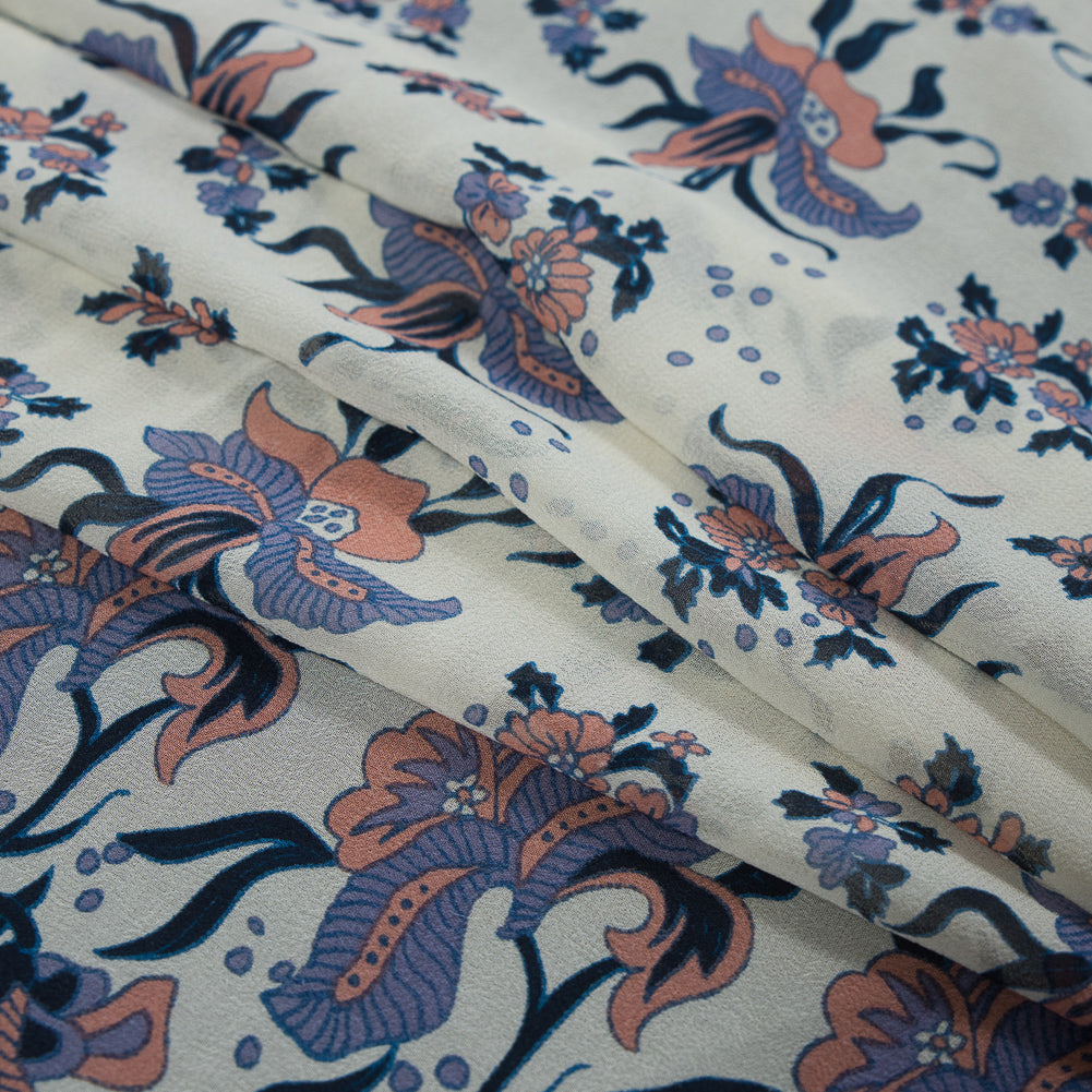Pink and Blue Floral Border Printed Silk Chiffon Folded