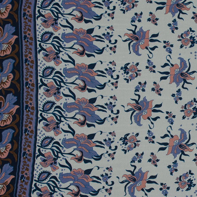Pink and Blue Floral Border Printed Silk Chiffon