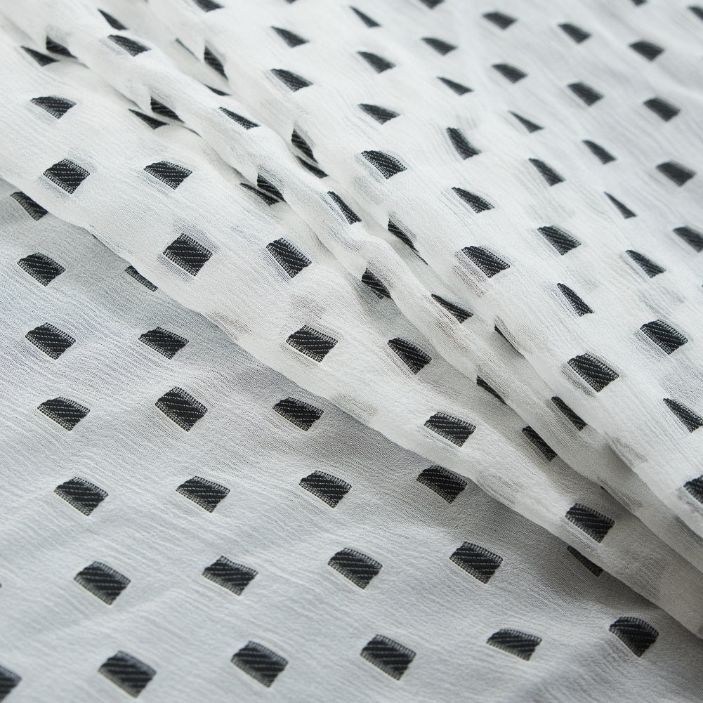 White Crinkled Silk Chiffon with Embroidered Rectangles Folded