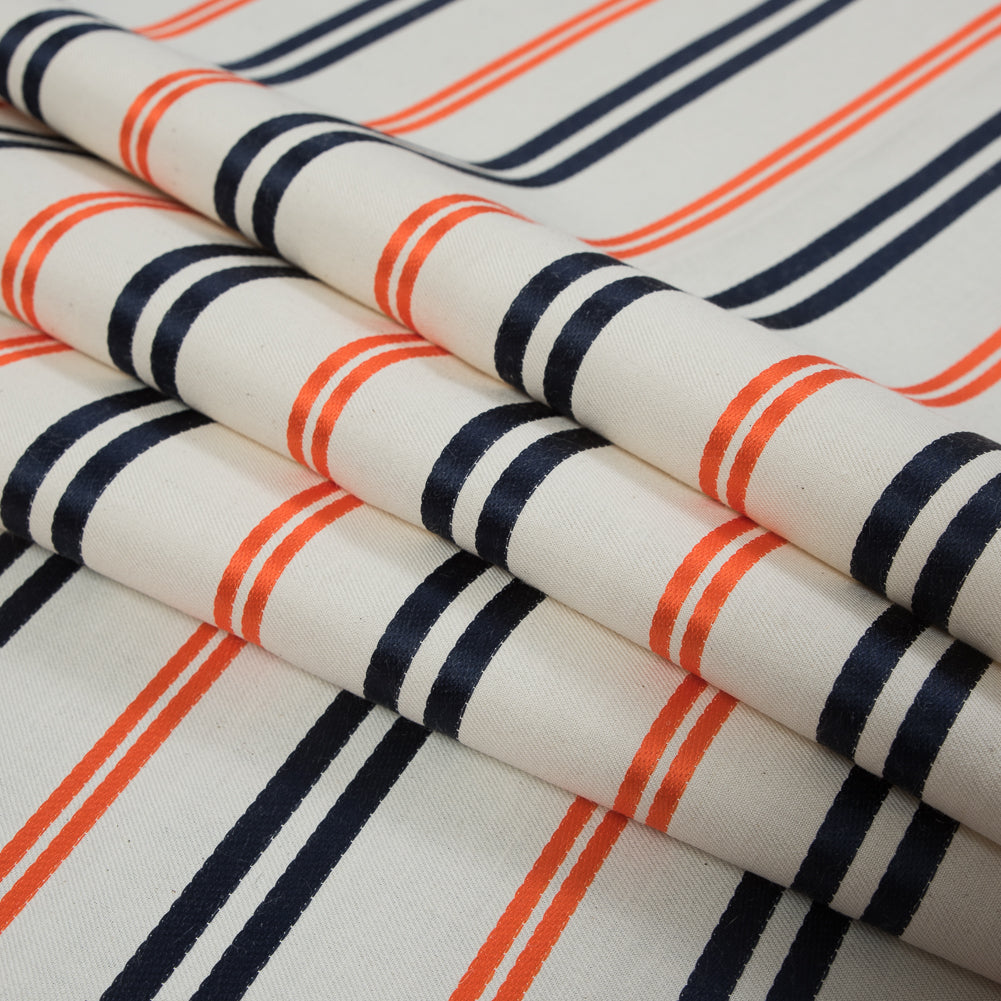 Pale Beige Cotton Twill with Orange and Navy Embroidered Stripes Folded