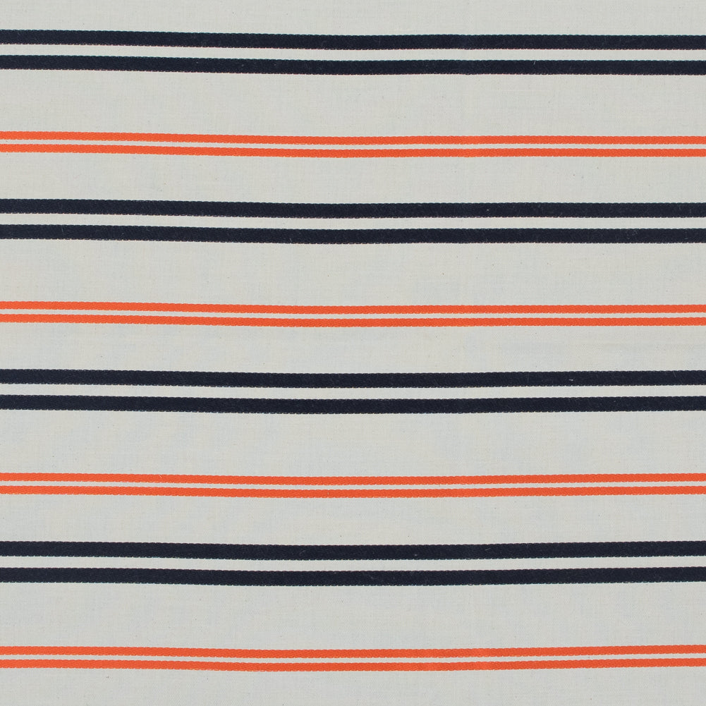 Pale Beige Cotton Twill with Orange and Navy Embroidered Stripes