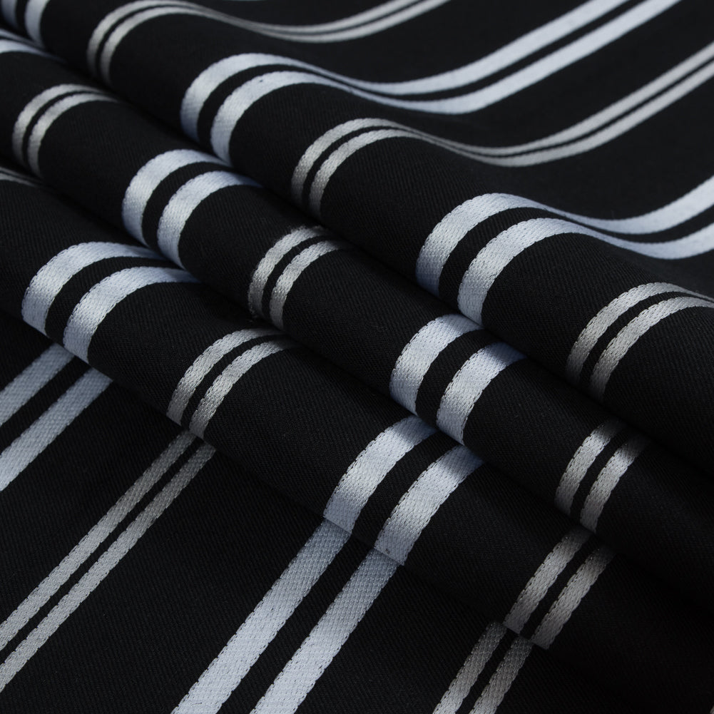 Black Cotton Twill with Silver Embroidered Stripes Folded