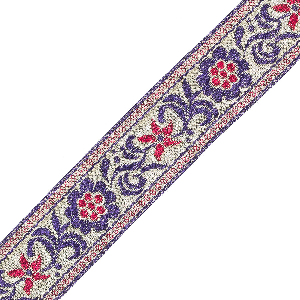 Metallic Gold and Purple Floral Jacquard Ribbon - 1.5" Detail