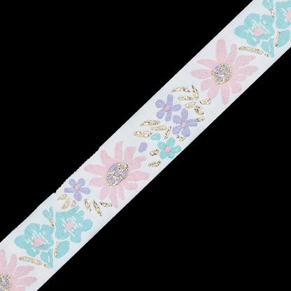 Pink, Aqua and Metallic Gold Floral Jacquard Ribbon - 1" Detail