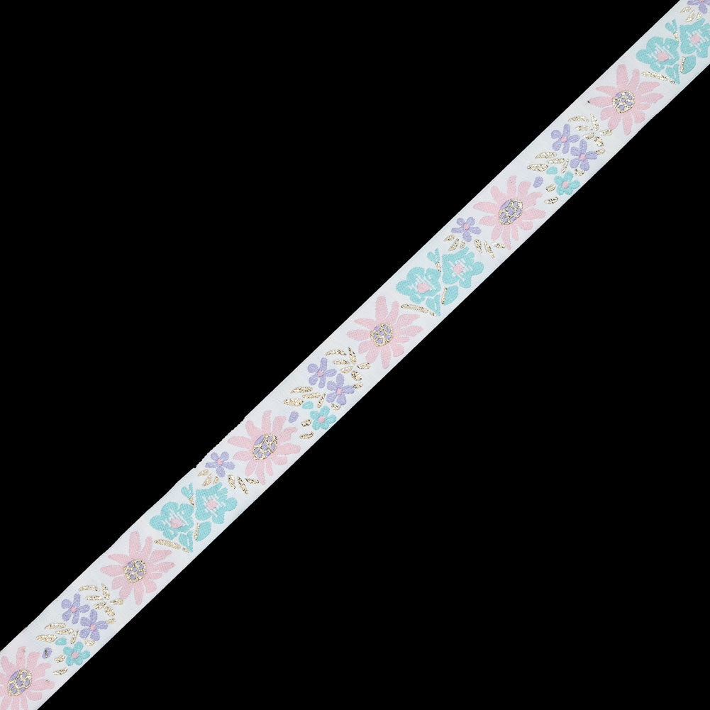 Pink, Aqua and Metallic Gold Floral Jacquard Ribbon - 1"