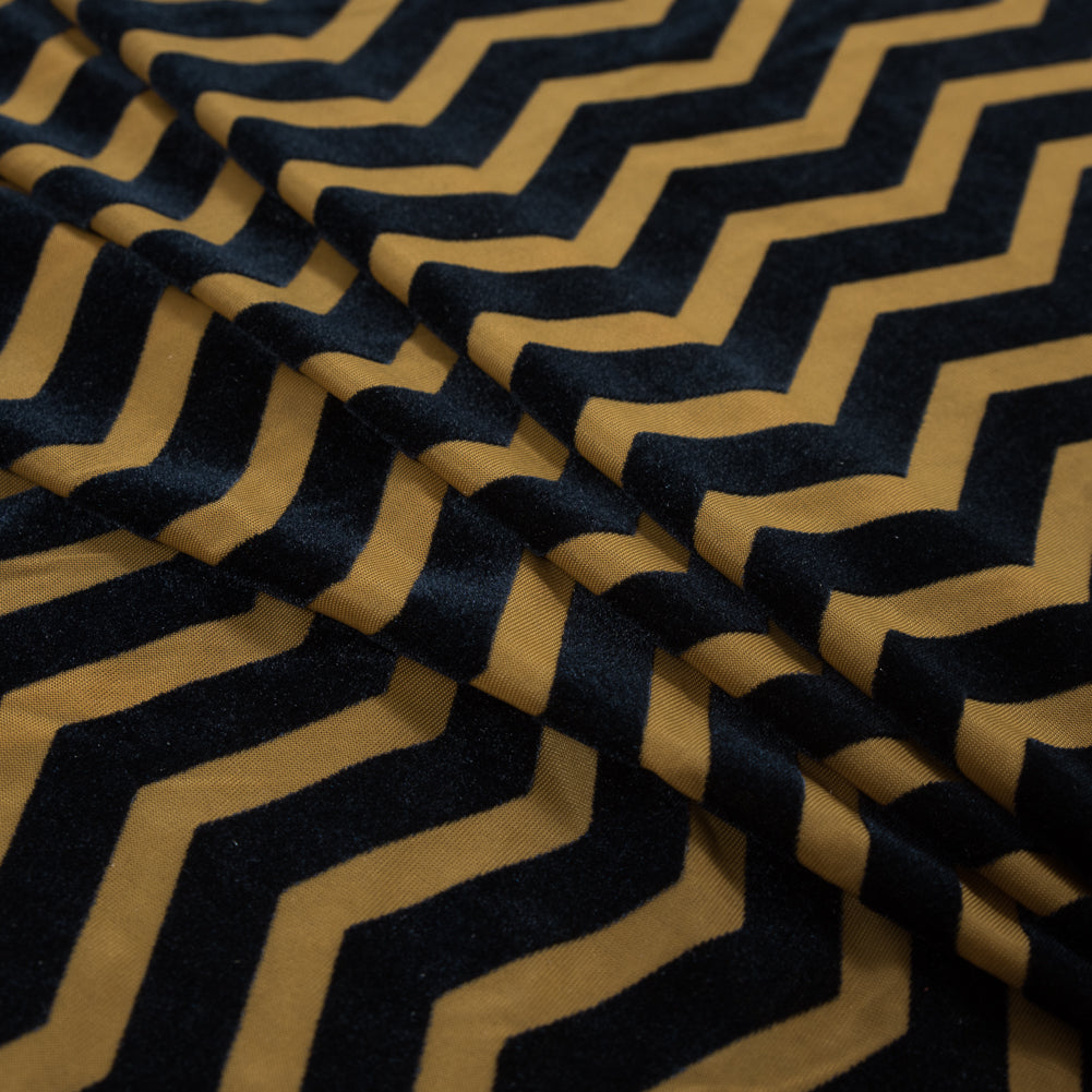 Zig Zag Burnout Velour - Mustard and Navy Folded