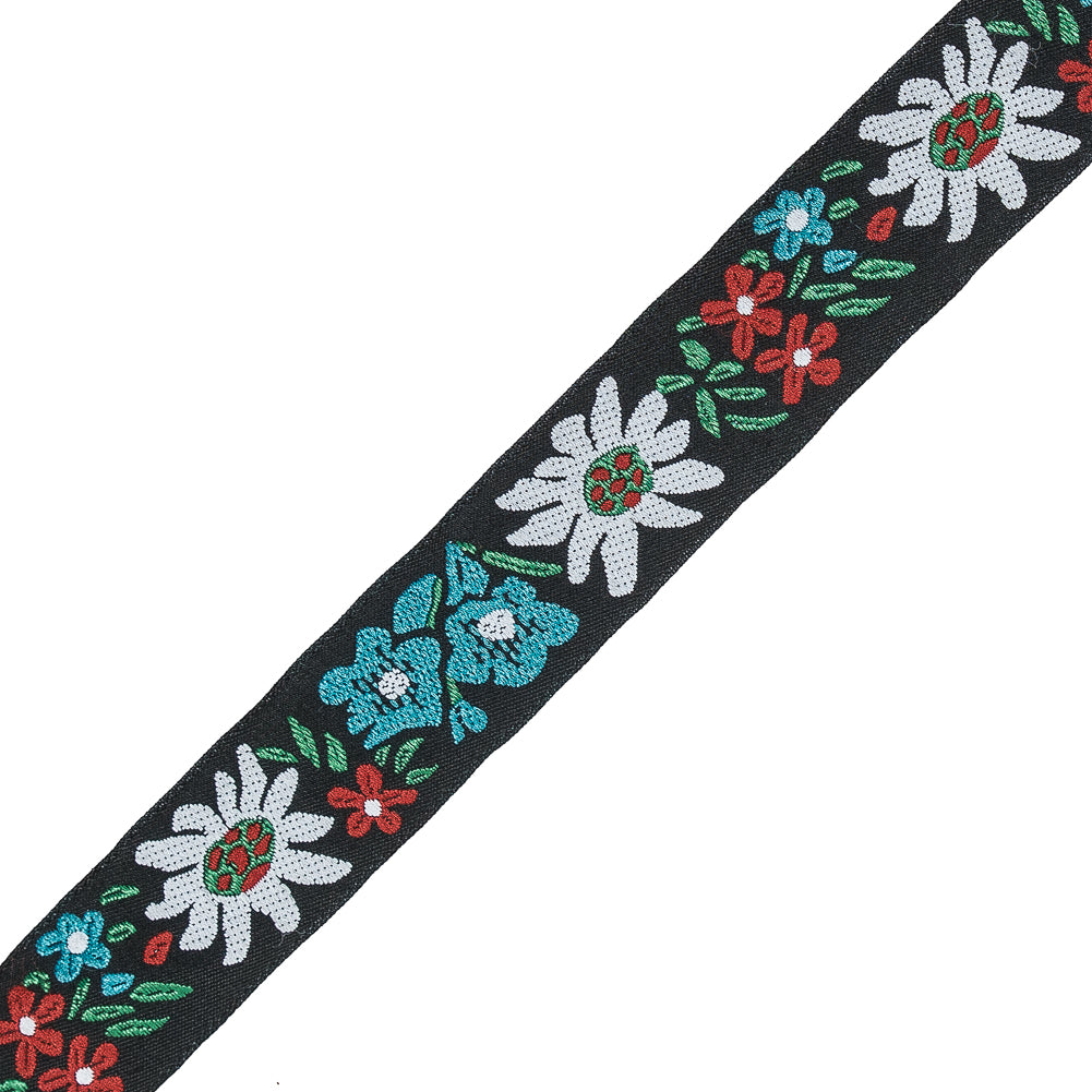 Black, White, and Blue Floral Jacquard Ribbon - 1" Detail