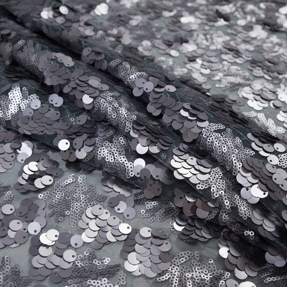 Mesh with Big and Little Sequins - Silver Abstract on Gray Detail