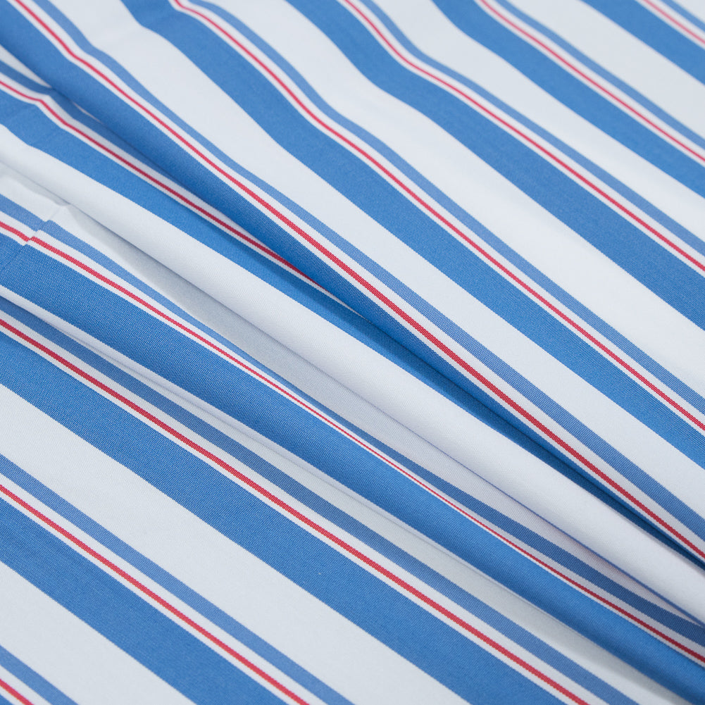 Blue, White and Red Striped Stretch Cotton Shirting Folded