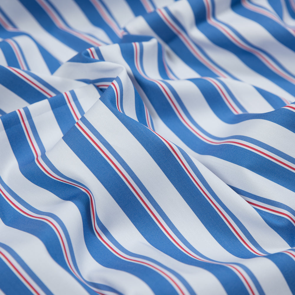 Blue, White and Red Striped Stretch Cotton Shirting Detail
