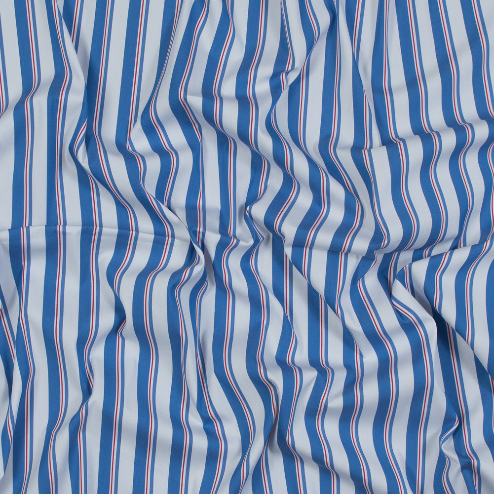 Blue, White and Red Striped Stretch Cotton Shirting