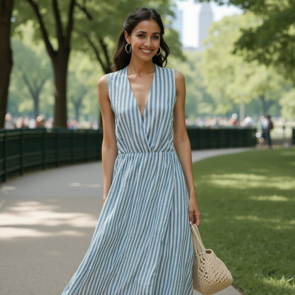 Stretch Linen Woven - Striped Blue - Asturias Collection
