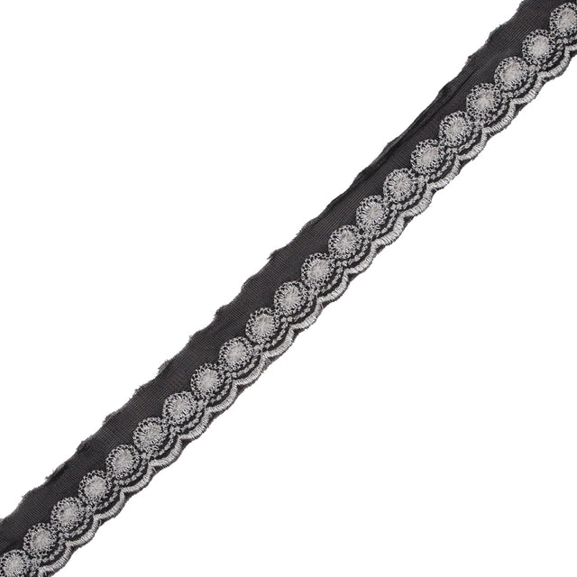 White and Black Embroidered Mesh Trim with a Scalloped Edge - 1"