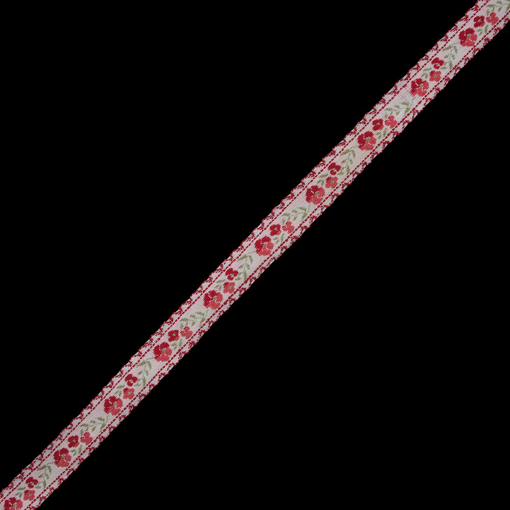 Red and Pale Gray Floral German Jacquard Ribbon - 0.5"